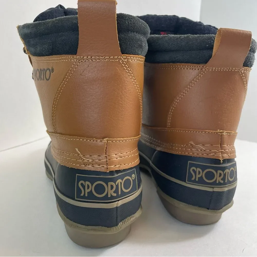 Sporto Duck Boots Thermolite Navy Tan Leather Lace Up Insulated‎ Lining